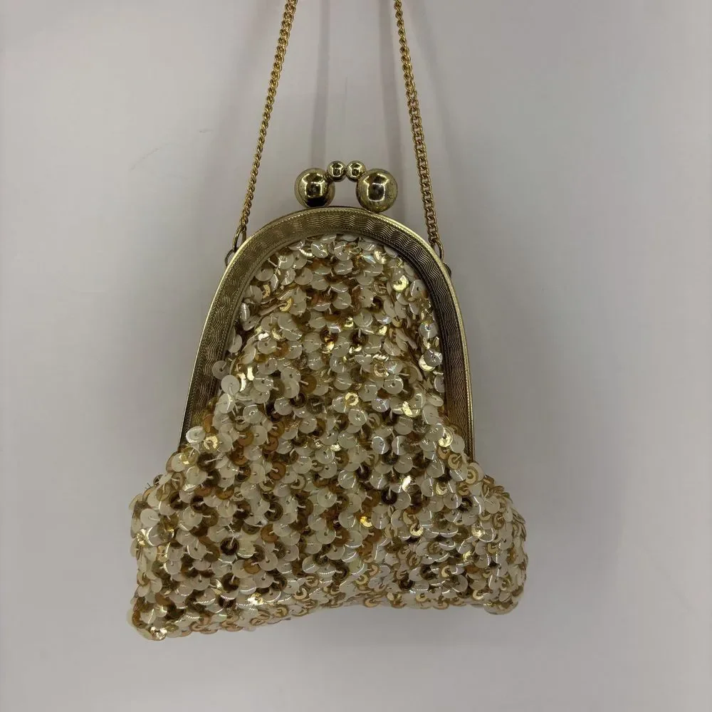 Vintage 1950s Sequin Evening Bag Gold-Iridescent‎ White Metal Frame Purse